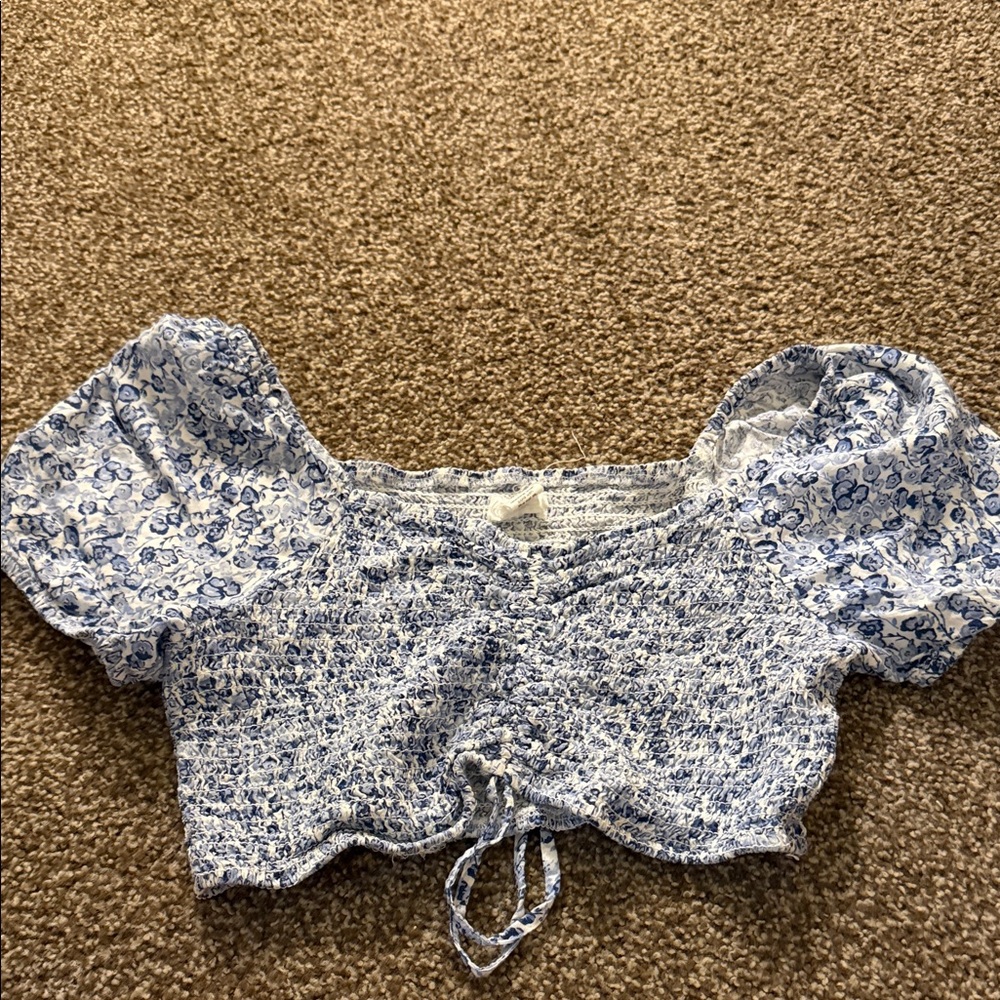 Japna Blue Floral Crop Top with Puff Sleeves